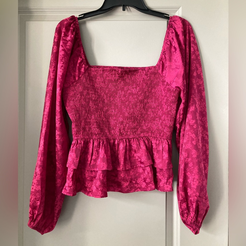 Altar'd State Fuchsia Pink Smocked Peplum Long Sleeve Blouse